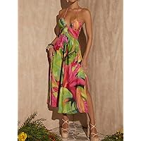 Women's Dress Tropical Print Split Thigh Halter Dress Women's dressEVEBABY (Color : Multicolor, Size : Small)
