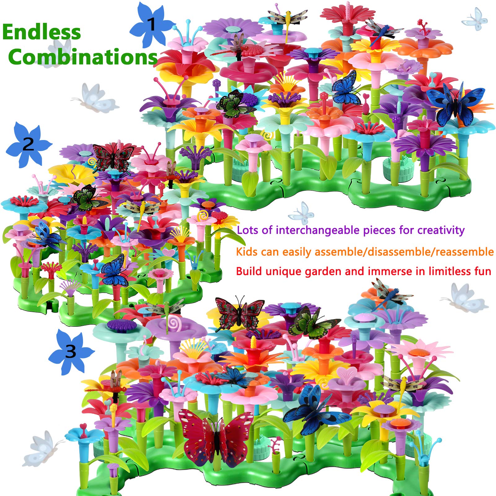 LANNEY Flower Garden Building Toys, 200 Pcs Flower Building Toy Set for 3 to 7 Year Old Boy Girl Gifts, Build a Flower Garden Educational Stem Toddler Toys for Birthday