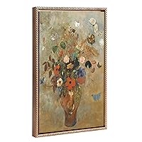 Kate and Laurel Sylvie Beaded Still Life with Flowers Vintage Framed Canvas Wall Art by Odilon Redon, 18x24 Gold, Painted Floral Bouquet Art for Wall