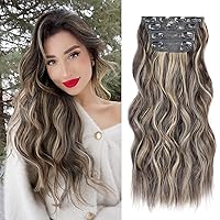 Clip in Hair Extensions, 20 Inch Long Wavy Balayage Dark Brown to Caramel Blonde Hair Extensions for Women 4PCS Curly Brown Hair Extensions Clip Ins Synthetic Clip in Extensions for Daily Use