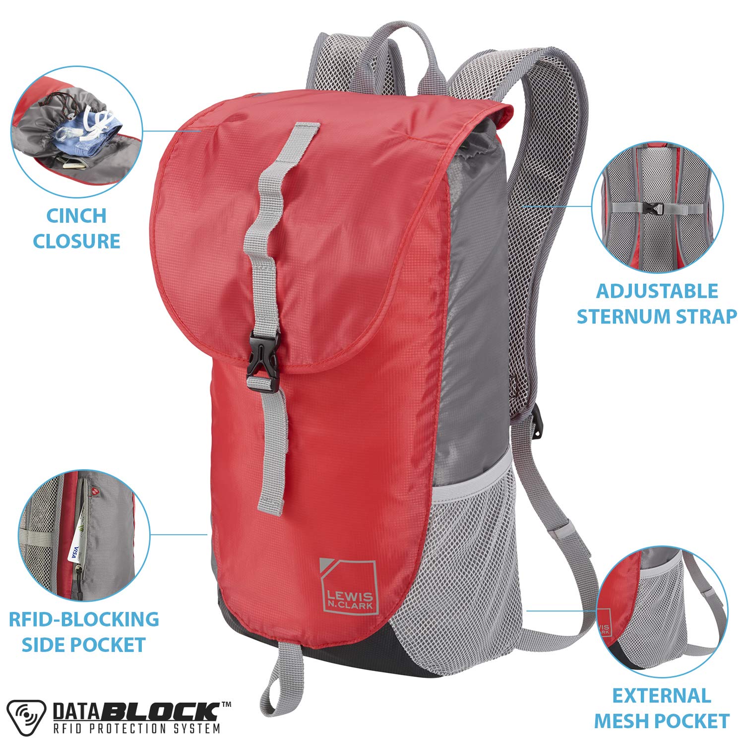 Lewis N. Clark Lightweight Packable Backpack Bag w/RFID Pocket, Red/Gray, 18 inch