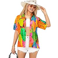 HAPPY BAY Women's Button Down Casual Summer Beach Party Short Sleeve Blouse Shirt Hawaiian Tshirts Dress Tops Tee Shirts Blouses for Women L Colorful Leaves, Multicoloured