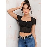 Women's Tops Sexy Tops for Women Shirts Lettuce Trim Ruched Bust Mesh Crop Top (Color : Black, Size : X-Large)