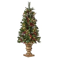 National Tree Company Pre-Lit Artificial Mini Christmas Tree, Green, Crestwood Spruce, White Lights, Decorated with Pine Cones, Berry Clusters, Frosted Branches, Includes Pot Base, 4 Feet