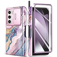 GVIEWIN Marble for Samsung Galaxy Z Fold 5 Case, with Built-in S Pen Slot, Slide Camera Lens Cover, Screen Protector, Hinge Protection, Full Body Protection Phone Case 2023 (Dreamland River/Purple)