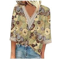 Womens 3/4 Sleeve Summer Tops Sexy Lace V Neck T Shirts Fashion Printed Graphic Tees 2024 Casual Loose Fit Blouses