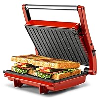 Panini Grill Press Sandwich Maker, Panini Press with Locking Lid and Indicator Lights, Mini 2-slice Panini Press, Grilled Cheese Maker, Opens 180 Degrees for Any Size, Cool Touch Handle, Red