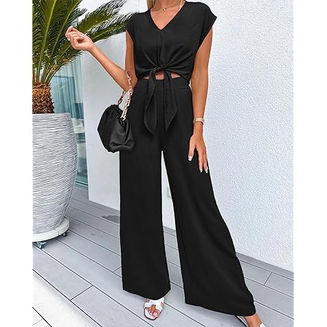 Women's Summer 2 Piece Outfits 2024 Cap Sleeve V Neck Belted Crop Tops Wide Leg Pant Sets Casual Tracksuit