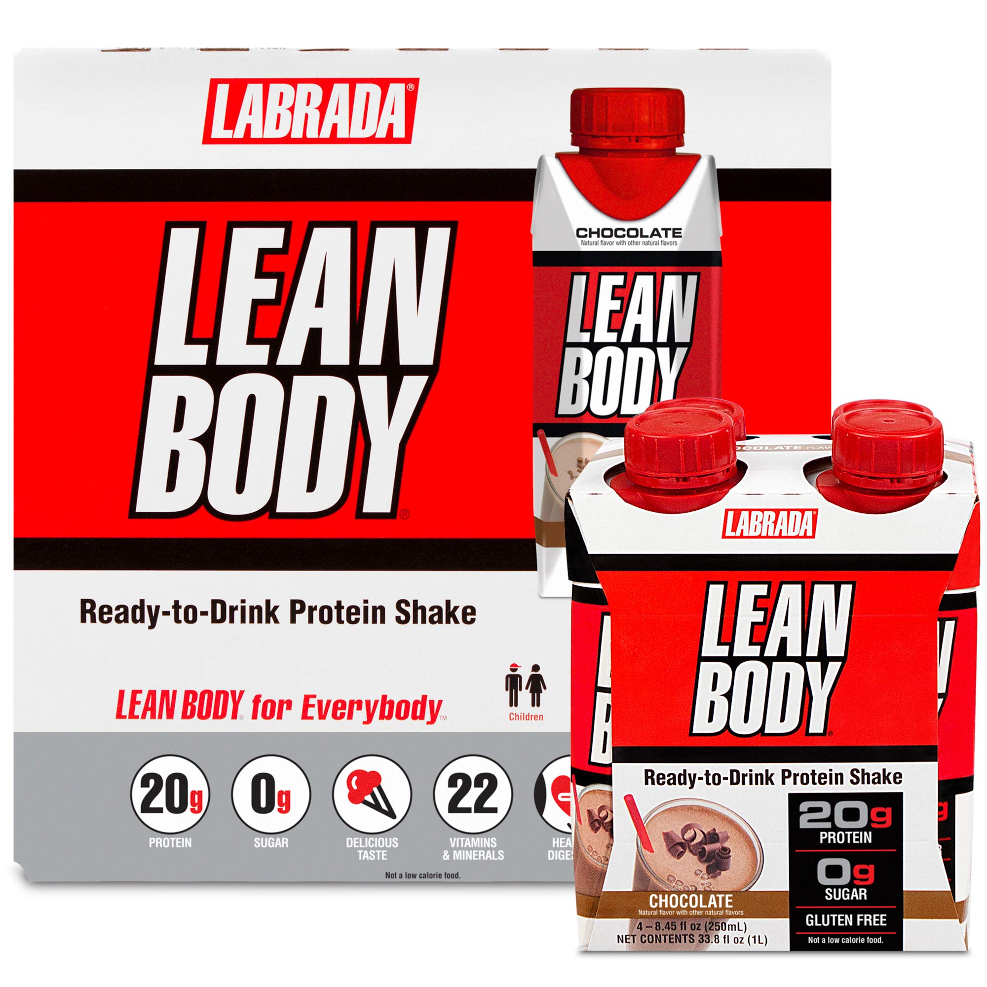 LABRADA NUTRITION - Lean Body RTD Whey Protein Shake, Convenient On-The-Go Meal Replacement Shake for Men & Women, 20 grams of Protein – Zero Sugar, Lactose & Gluten Free, Chocolate (Pack of 16)