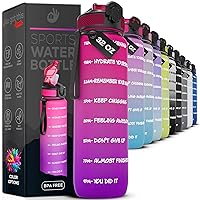 Motivational Sports Water Bottle,32 ounce Water Bottle with Time Marker,1 Liter Gym Water Bottle, One Click Open-Easy Carry Handle SpillProof,BPA FREE