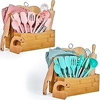 Kids Cooking & Baking Sets Real Little Chef Cooking Utensils Kitchen Set Gifts for Girls Boys Juniors with Utensils Cutting Board Kids Safe Knife Rolling Pin Apron Carrying Basket 2 Sets