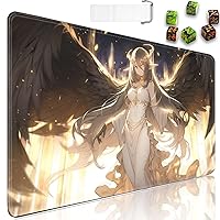 MTG Play Mat + Drawstring Travel Bag + 6 Dice Counter for Table Trading Card Game Game Game Mat or Large Mouse Pad, Non-Slip Rubber 24 x 14 Inch Anime Play Mat with Female Angel