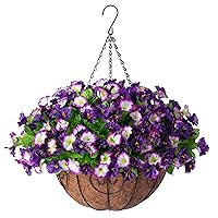 Artificial Hanging Flowers 12 inch Basket, Faux Silk Petunias Flower Arrangement,Coconut Lining Pot Planter with Morning Glories Patio Garden Porch Deck Spring Decor(Purple Edge)