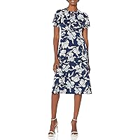 Maggy London Women's Short Puff Sleeve,Smocked Waist Fit and Flare Midi