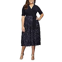 Alex Evenings Women's Plus Size Tea Length Dress with Rosette Detail