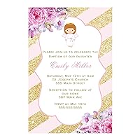 30 Invitations Personalized Girl Baptism Christening Pink Gold Angel Photo Paper
