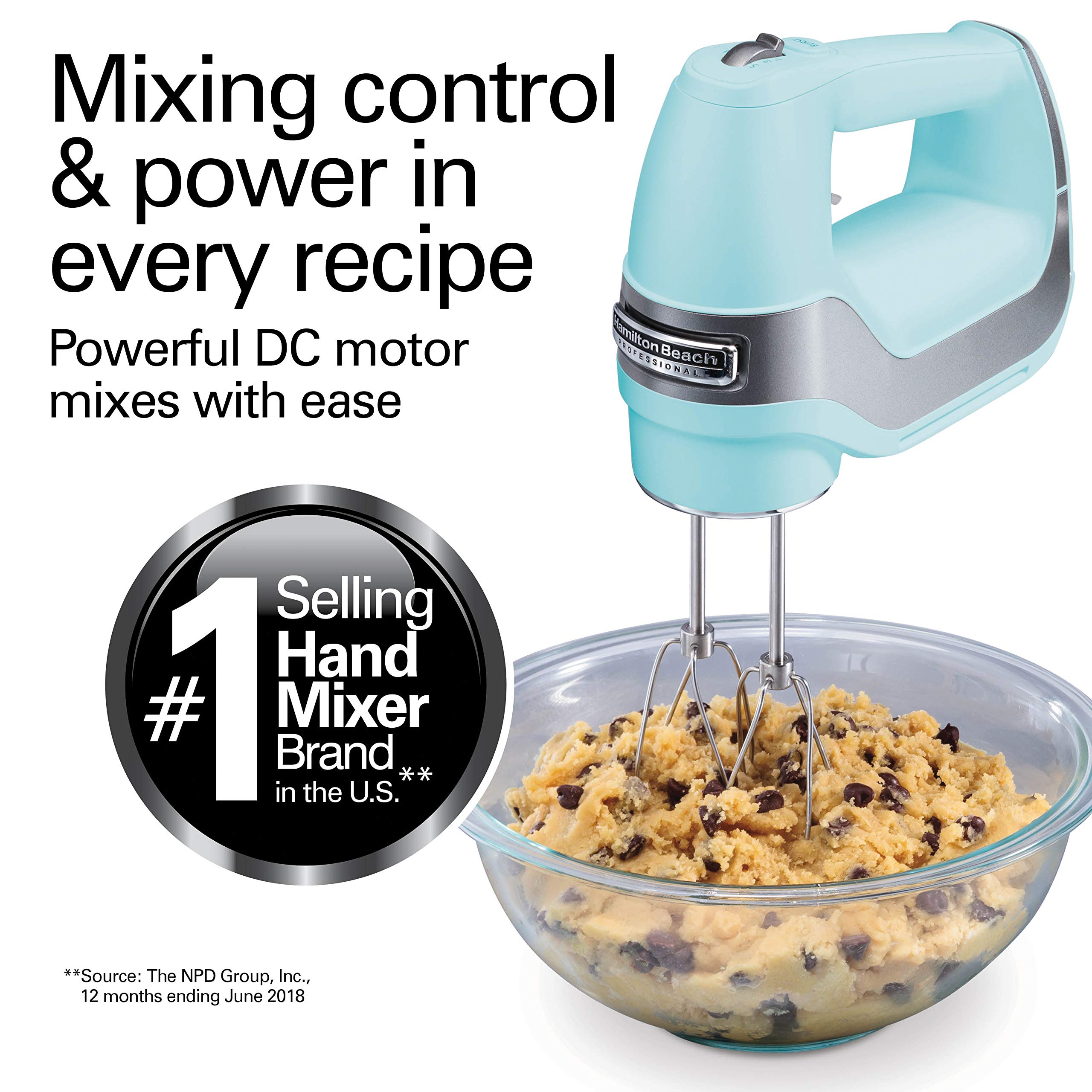 Hamilton Beach Professional 5-Speed Electric Hand Mixer with High-Performance DC Motor, Slow Start, Snap-On Storage Case, Stainless Steel Beaters & Whisk, Mint (62658)