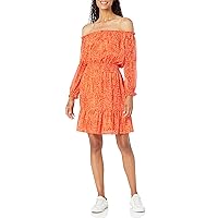 Nine West Women's Chiffon Off The Shoulder Dress W/Smock, Tanger Orange, Small
