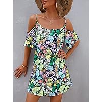 Summer Dresses for Women 2022 Butterfly Print Cold Shoulder Dress Dresses for Women (Color : Multicolor, Size : X-Small)