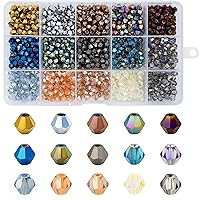 1800pcs 4mm Bicone Glass Beads, Bulk Small Faceted Bicone Crystal Beads for Jewelry Making DIY Craft Bracelet Necklace Earring with Container Box (15 Plated Metallic Colors)