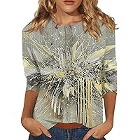 Womens Tops 2023 Summer Slim Fit Button Down Shirt V Neck Tshirts Ethnic Floral Tees Slim Cute 3/4 Sleeve Blouse