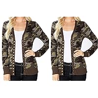 2 PCs Women Pullover Women Coverup Army Camouflage Print Pullover with Buttons Army Camo