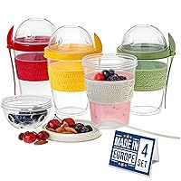 Crystalia Yogurt Parfait Cups with Lids, Reusable Yogurt Containers with Lids and Spoons, Take and Go Yogurt Cup with Topping Cereal or Oatmeal Container, Colorful Set of 4 (Large 20 oz)