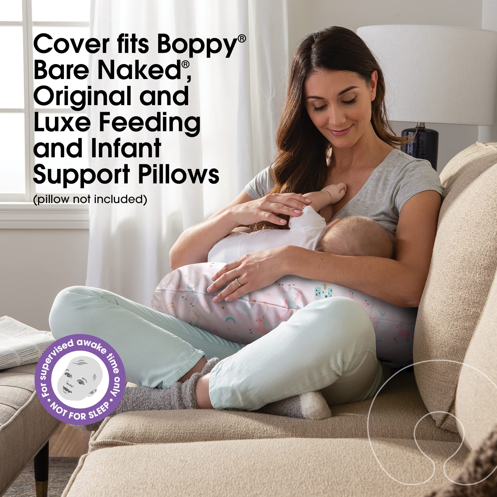 Boppy Nursing Pillow Cover—Original Pink Unicorns and Castles Cotton Blend Fabric Fits Bare Naked, Original and Luxe Breastfeeding Pillow Awake Time Only