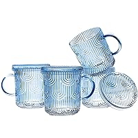 Lysenn Glass Coffee Mugs Set of 4 - Premium Crystal Glass Mugs with Lids – Unique Design Coffee Glasses for Tea Latte Cocoa Chocolate - 10 oz, Sky Blue