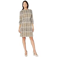 London Times Houndstooth Plaid Puff Sleeve Mock Neck Shift Dress Grey/Beige/White MD