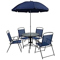 Flash Furniture Nantucket 6 Piece Patio Garden Table Set - Umbrella Table - Set of 4 Navy Folding Chairs