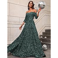 Women's Dress Off Shoulder Sequin Prom Dress Summer Dress (Color : Dark Green, Size : Large)