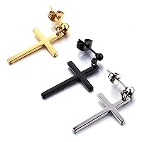 3 Pairs Stainless Steel Earrings Cross Dangle Studs Earrings piercing Jewelry For Men and Women (silver+black+gold)