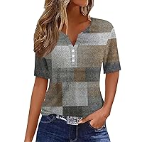 HTHLVMD Womens Casual Short Sleeve Henley Shirt Geometric Color Block Print Button Down V Neck Blouses