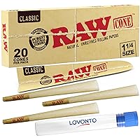 RAW- 20 Pre Rolled Raw Cones Rolling Papers with Storage Tube & Funnel Cone Loader- 1 1/4 Classic Size 3.25