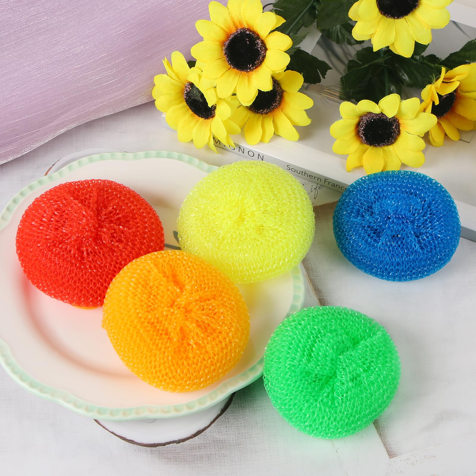 MIDELONG Plastic Dish Scrubbers for Dishes Plastic Pot Round Scrubber Scouring Non Scratch Dish Scourers, Assorted Colors Poly Mesh Scouring Dish Brush Pads for Kitchen Cleaning, 5 Pcs