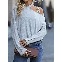 Women's Tops Women's Shirts Sexy Tops for Women Asymmetrical Neck Ring Detail Drop Shoulder Tee (Color : Light Grey, Size : Small)