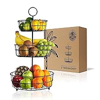 REGAL TRUNK & CO. 3 Tier Fruit Basket, Elegant French Country Wire Baskets, Three Tiered Wire Basket Stand for Vegetables, Bread & More for Countertop or Hanging, Christmas or Birthday Present
