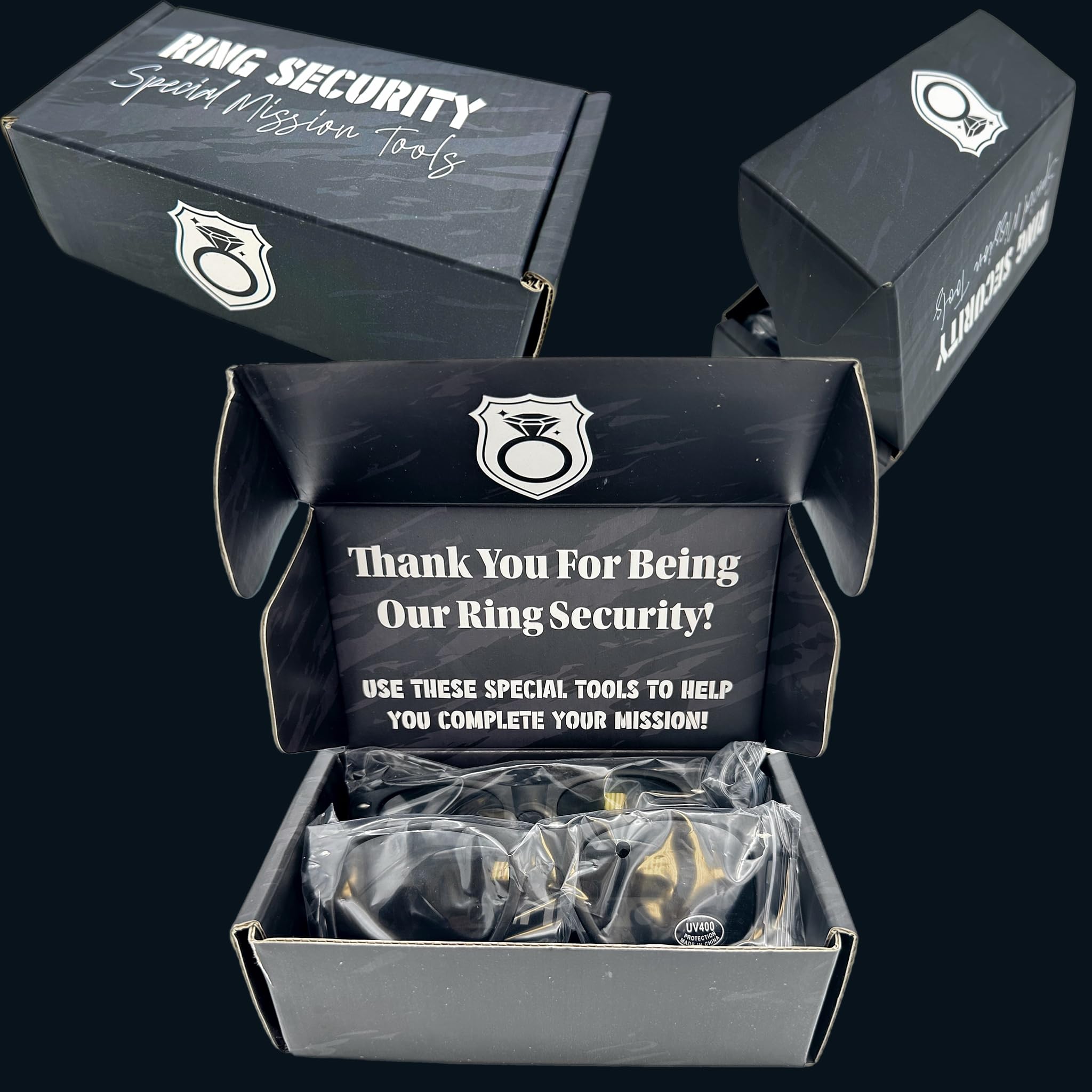 Ring Bearer Proposal Gift Box. A Gift for Wedding Ring Security. One Kit for 1 Ring Boy with 2 Different Size Sunglasses. (Tools)