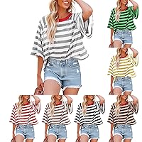 Oversized Tshirts for Women Striped Crew Neck Elbow Sleeve Tops Summer Color Block Half Sleeve Casual Blouses