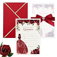 DORIS HOME 25PCS Quinceanera Invitation Cards with Envelopes, Vellum Wraps, Pre-Made Bow Belly Bands, Spanish Fill in Red