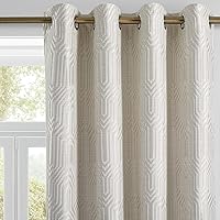 Beige and Silvery 100% Blackout Jacquard Geometric Pattern Curtains,52 Inch Wide 84 Inches Long 2 Panels, Thermal Insulated Noise Reducing Anti-Rust Grommet Drapes for Bedroom Living Room, Cream