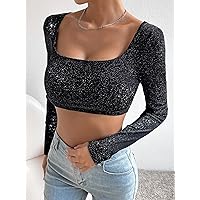 Women's Tops Women's Shirts Sexy Tops for Women Square Neck Crop Glitter Top (Color : Black, Size : Large)