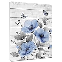 HVEST Rustic Blue Floral Wall Art for Bathroom Blue and Gray Flower Butterfly on Rustic Wood Canvas Wall Art Country Wildflower Wall Art Paintings for Living Room Bedroom Decor,16L X 12W inches