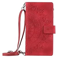XYX Wallet Case for Motorola G54, Crossbody Chain Zipper Pocket Wrist Totem Flowers Pu Leather Phone Case Kickstand with 8 Card Slots for Moto G54, Red