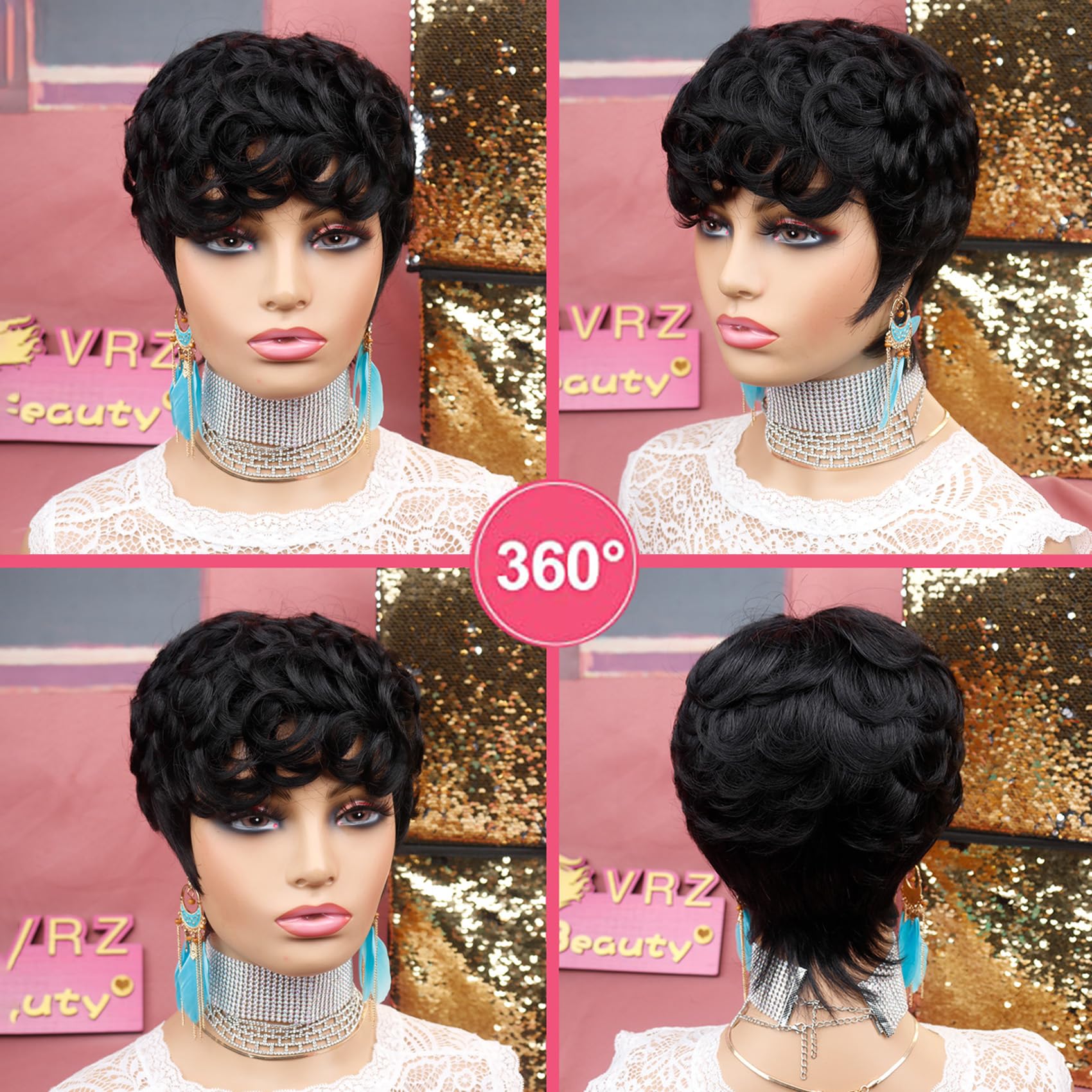 VRZ Short Wigs Human Hair for Black Women Pixie Cut Wig Human Hair with Bangs Layered Wavy Short Human Hair Wigs for Black Women Curly Hair Wigs Color 1B# (MIDDLE WAVY)