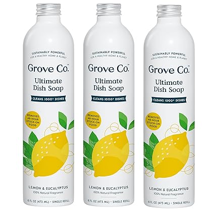 Grove Co. Ultimate Dish Soap Refills (3 x16 Fl Oz) Removes 48-hr Stuck-on Food and Grease, Plastic Free Cleaning Products, 100% Natural Lemon & Eucalyptus Fragrance