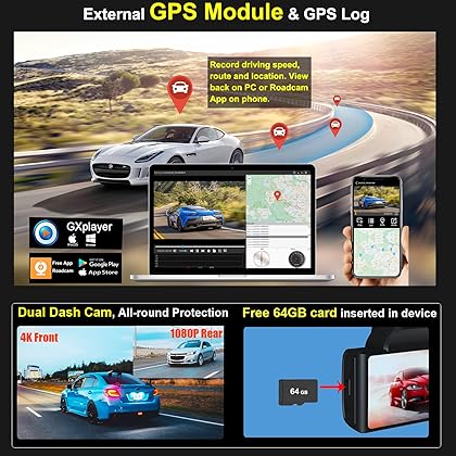 KQQ 4K WiFi Dash Cam Front and Rear with 64GB Card+GPS, KQQ 3.16
