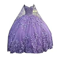 2024 V Neck 3D Floral Flowers Glitter Tulle Charro Quinceanera Prom Dresses with Cape Ball Gown