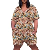 Plus Size Jumpsuits Ladies Easter Print 2024 Short Sleeve Loose V Neck Summer Dressy Wide Rompers Casual With Pockets